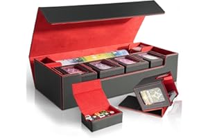 Jamiukro Boîte de Rangement Cartes MTG Commander - Coffre de Stockage 6-en-1 Grand Capacité (2400 Cartes), 5 Boîtiers Amovibles + Compartiment Dés, Dimensions ‎44.2 x 20 x 10.4 cm, noir et rouge
