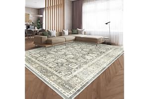 HOMFINE Vintage Area Rug for Living Room - Machine Washable Rug Soft Short Pile for Bedroom Kitchen Floral Print Traditional Rug Stain Resistant, Home Decor Office Carpet, Grey, 200 * 300CM