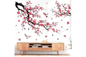 wondever Pegatinas de Pared Árbol de Flores Ciruelo Rojas Adhesivos Pared Decorativos Flor de Cerezo Pájaros en Rama Vinilos Pared para Salón Dormitorio Oficina