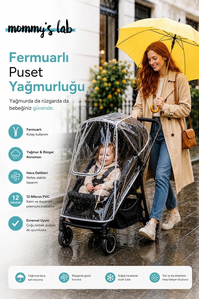 Mommyslab Fermuarlı Puset Yağmurluğu, 12 Mikron PVC, Tüm Bebek Arabalarına Uyumlu