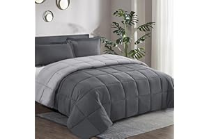 HIG 3 Pieces Gray Reversible Duvet Double - 200 x 200cm - Coverless Duvet with Baffle Box Design - 10.5 Tog Down Alternative Comforter with 2 Shams - Corner Duvet Tabs - Machine Washable & Durable