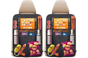 INDTOL 2 Pack Car Seat Organiser, Car Organiser Back Seat for Kids, WaterProof Car Seat Storage with Screen Holder 10 Pocket BackSeat Protector Kick Mats for Kids Toys Foods Books Car Travel Accessories