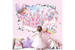 decalmile 3D Fairy Princess Wall Decals Castle Unicorn Crack Hole Rainbow Wall Stickers Girls Bedroom Baby Nursery Kids Room Wall Decor