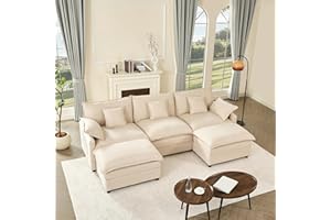 Litbird Sofá Modular en Forma de U, sofá de Esquina de 3 plazas con Taburete, diseño de Asiento Profundo, sofá Nube para Sala de Estar (Blanco Roto)