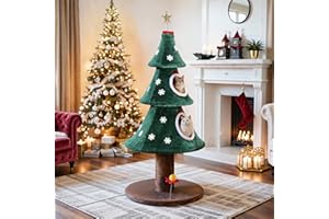 YITAHOME Albero di Natale grande con 2 ripiani, casa per gatti da 132 cm, colonne tiragraffi, centro attivo per gattini e decorazioni natalizie in verde