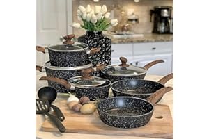 Kitchen Academy Induction Hob Pans Set - 12 Pieces Black Granite Kitchen Cookware Set，Pots and Pans Set Non Stick