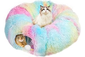 DiDiBirDi Katzentunnel, Katzentunnelbett Winter mit Zentraler Weicher Matte zusammenklappbarer Regenbogen Flauschiger Plüschz Ultra weiche Runde Donut Form mit Spiel Multifunktionales Katzenspielzeug