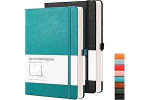RETTACY A5 Dotted Notebook 2 Pack - Bullet Dot Grid Journal with 320 Numbered Pages Hardcover 120gsm Thick Paper, 8 Perforated Sheets, Pen Holder, Inner Pocket 14.5 x 21cm - Black Cyan
