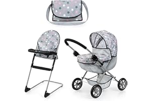 Bayer Design 13707AB Ensemble Poussette pour poupée, Pliable, poignée Douce, Chaise Haute, Sac