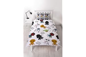 Character World Star Wars Bettbezug für Einzelbett, offizielles Lizenzprodukt, wendbar, zweiseitiges Minis-Design, mit passendem Kissenbezug, Yoda, Darth Vader, CP30 & R2-D2, Polyester, Weiß
