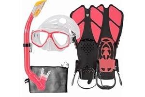 HH HHAO SPORT Children's Snorkel Set with Fins, 180° Panorama Wide View Diving Goggles, Adjustable Swimming Fins, Diving Mask and Dry Top Snorkel with Carry Bag