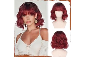 Sofeiyan Perruque Courte Ondulée 30 cm avec Frange, Cheveux Synthétiques Rouge Bourgogne pour Femme Résistante à la Chaleur Naturel Bouclée pour Usage Quotidien et Cosplay
