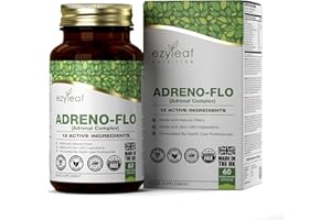 ‎EZYLEAF NUTRITION Ezyleaf Adreno-Flo | Ashwagandha Rhodiola Rosea Vitamin C | L-Tyrosin Gotu Kola Süßholzwurzel Pantothensäure Ginseng Schisandra | 60 Vegane Kapseln | Allergenfrei ISO Zertifiziert | Hergestellt in GB