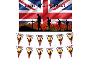 Accjzzlyn Remembrance Day Flag 5ft x 3ft, Lest We Forget Bunting Poppy Bunting 5m for Outdoor Garden Remembrance Day Decorations