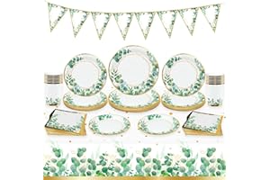 PATIMATE Juego de Vajilla para Fiesta, Platos y Servilletas de Papel Verde Salvia con Mantel y Pancarta, Platos Desechables para Decoraciones de Cumpleaños, Baby Shower, Boda, Picnic, Suministros para Fiesta