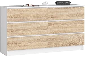 AKORD Cassettiera K 140 cm 6 (2 x 3) Cassetti | Moderna Mobiletto per Soggiorno Sala da Pranzo Camera da Letto | Armadio Cameretta | 138 x 77 x 40 cm | Peso 51kg | Bianco/Rovere Sonoma