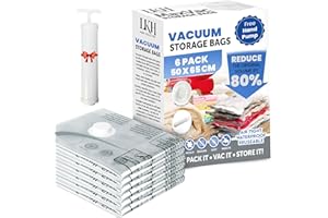 LKH HOME COLLECTION LKH Vacuum Storage Bags with Pump Heavy-Duty Clothes Storage Bags – Waterproof, Airtight & Reusable Space Saver Bags Reduce Volume by 80% – 3x Seal Valve for Secure Compression 50x65cm (6 Pack)