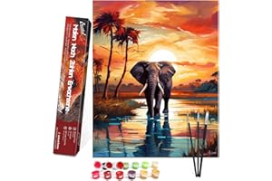 Bougimal Pintura por Números Adultos Animal con pinceles y pinturas acrílicas - 40 x 50 cm, Elefante al atardecer