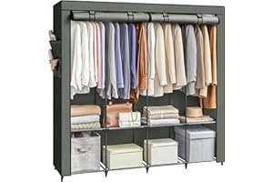 SONGMICS Armario, 4 Barras de Ropa, Estantes, 4 Bolsillos Laterales, Almacenamiento, de Tela, Perchero, Plegable, 45 x 170 x 167 cm, Verde Laurel RYG094C02