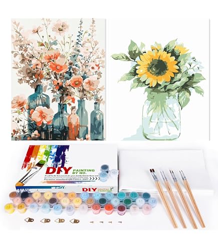 MXJSUA Fleurs Lot De 4 Kits De Peinture Par Numéros Pour Enfants Avec Cadre Pour Âges 6-12, Motif Fleurs Peintures À L'Huile Acryliques Pour Décoration Maison 20x20cm