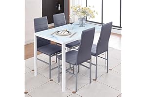 Paonne Glass Dining Table Chair Set 4, 5Pcs Dining Room Set 4, Glass Rectangular Table with PU Leather Chairs Modern Home Kitchen Furniture Set (081 White+ 8524 Grey, 120 Marble Glass Table + Chairs)