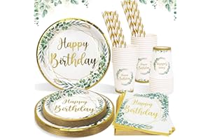 Heboland Piatti Compleanno Verde Salvia per 25 Ospiti, 125pcs Piatti di Carta Buon Compleanno Kit toviglie per Feste Bicchieri Tovaglioli Cannucce Verdi Dorato per Decorazioni Ragazzi Ragazze
