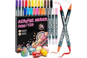 DONGQI Acrylic Paint Pens Paint Markers, 24 Colours Dual Tip Acrylic Paint Markers For Rock Painting,Wood,Stone,Canvas,Calligraphy,Dot Markers For kids adults DIY-Christmas Crafts Art Supplies