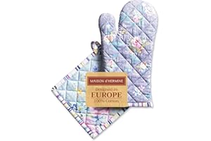 Maison d' Hermine Sweet Rose Lavender Ensemble de Gants de Four de (19cm x 33cm) et maniques de (20cm x 20cm), 100% Coton, pour grillades, Pâques