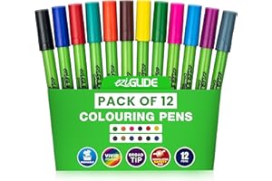 Eziglide Colouring Pens 12 Pack Broad Felt Tips, Assorted Colouring Pens, Smooth Fibre Nib, Bright Colours for Paper, Card, Adult colouring books, Art & Crafts, School, Work & Home Stationery Supplies