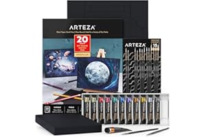Arteza Set di Pittura con Tempere Metallizzate Gouache Set con Blocco di Tele per Dipingere Componibili Fai-da-Te Nero, Set Artistico per Bambini e Ideale Art supplies per Adulti
