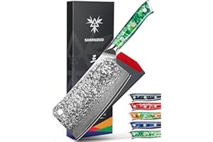 SANMUZUO Damas Feuille de Boucher, Couteau de Cuisine Chinois avec Lame 16,5 cm Professionnel Couperet de Cuisine en VG-10 67 Couche Damas Acier avec Poignée en Résine(Vert Jade) - Xuan Série