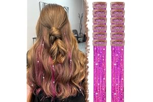 ‎FESHFEN FESHFEN Clip in Hair Tinsel, 12 Stück Rosarot Glitzer Haarsträhnen Kit Glitzersträhnen FesteParty Haartinsel Haarverlängerungen Fairy Hair für Mädchen, 50 cm
