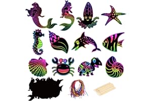 MONCAP 48pcs Sea Scratch Art Paper Mermaid DIY Craft Black Doodle Pad Rainbow Magic Scratch Art avec Rubans de Satin et Stylet en Bois pour Enfants Enfants étudiants