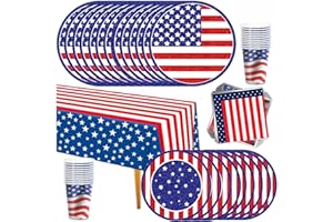 BDECOLL Service de vaisselle pour 16 invités - Drapeau américain pour le 4 juillet - Décoration patriotique pour anniversaire, barbecue américain fête de l'indépendance,idéales pour les occasions (2)