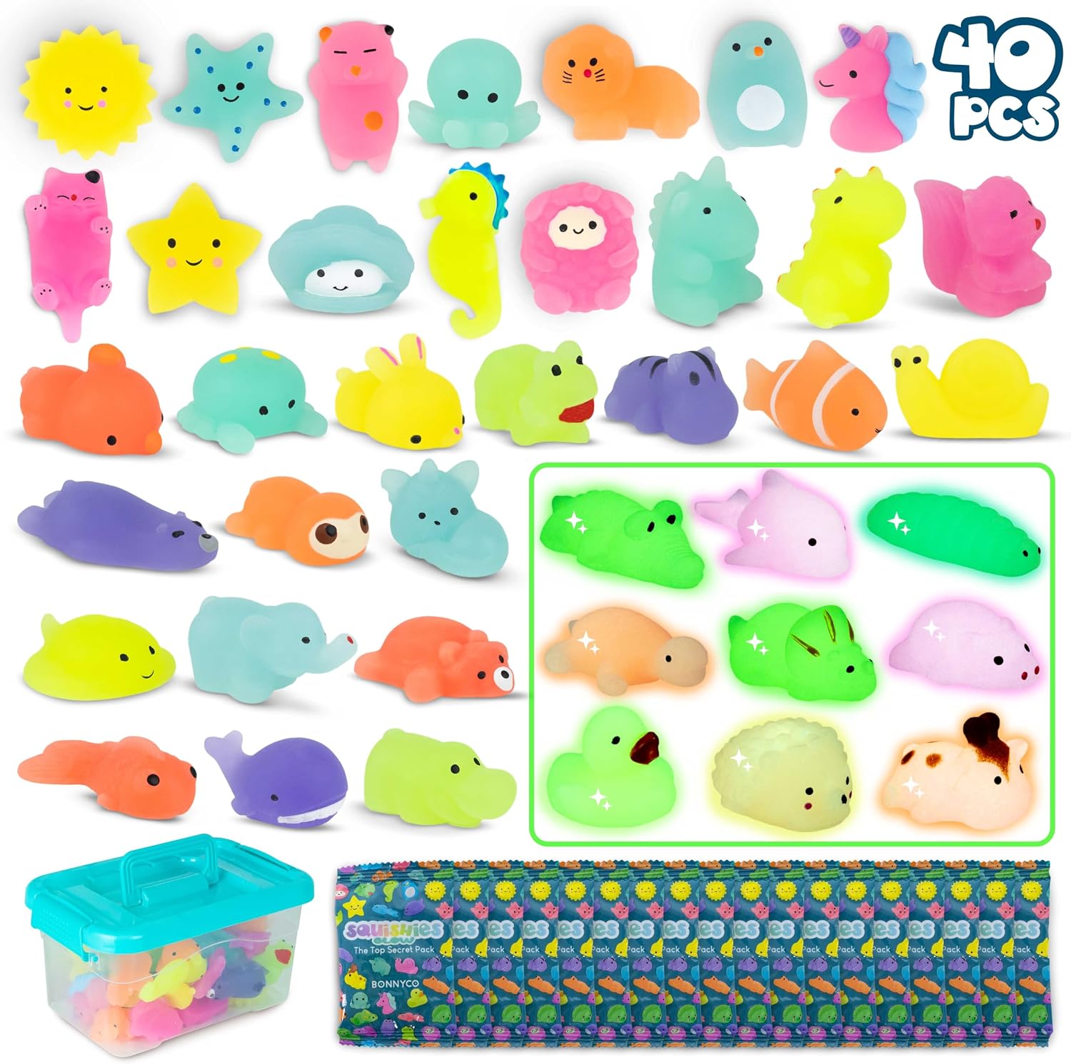 BONNYCO Squishy Regalos Cumpleaños Niños Colegio Pack 40. Detalles Cumpleaños Niños con Brillo en la Oscuridad, Relleno Piñata Fiesta Infantil. Regalitos Invitados, Regalos Alumnos Primaria