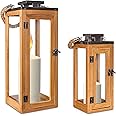 Gadgy Wooden Lanterns 42cm&29cm | Set of 2 Lanterns for Outdoors | Candle Lantern Decoration | Indoor&Outdoor Candle Light Holder | Wooden Front Door Decoration | Glass Set with Stainless Steel Roof