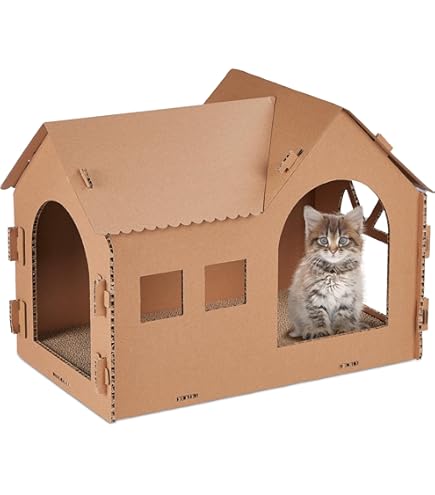 Kattenhuis, karton, met 2 krabpads, grote kattenkrabpaal voor binnen met golfkarton, afneembaar, voor katten (cactus) 1