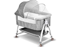 BJNN Next to Me Crib,3 in 1Baby Bedside Crib Foldable Baby Bed 6 Level Adjustable Bedside Bed Travel Cot with Storage Mosquito Net and Matress Included Portable Cribs for Newborn Infant