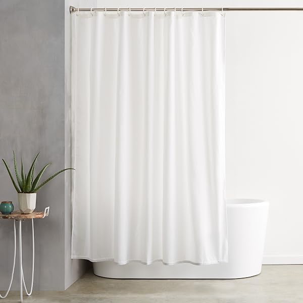 Amazon Basics Shower Curtain with Hooks, Water and Mould Resistant Fabric, Machine Washable Bathroom Curtain, 180 x 180 cm, White - 1