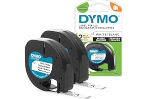 DYMO LetraTag Étiquettes en Plastique Authentique | 12 mm x 4 m | Noir sur Blanc | Étiquettes autocollantes pour étiqueteuse DYMO LetraTag | 2 étiquettes