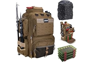 Goture Angelrucksack mit 4 Köderbox Angeln, 45-Liter Angelzubehör-Rucksack mit Zwei Rutenhaltern und Regenschutz, 900D Oxford-Gewebe Wasserabweisende Angelgerätetasche mit verstellbarem Fach