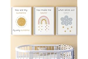 EVIEPOPS PRINTS You are My Sunshine Set of 3 Unframed Prints for Babys Nursery, Kids Bedroom Decor, Wall Art, You Make Me Happy When Skies are Grey, Song Lyrics Nursery Rhyme, Rainbow Sun Cloud Rain (A3)