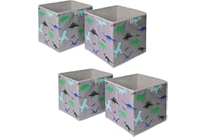 OHS 4 Pack of Dinosaur Print Kids Storage Toys Games Box Clothing Space Saving Foldable Organiser Cube, Charcoal Grey