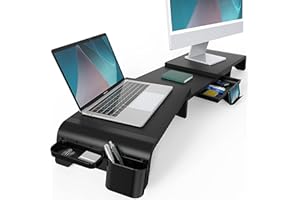 Fenge Supporto Monitor Regolabile in Lunghezza e Angolazione per 2 Monitor Supporto per Monitor in Legno con Cassetto, Scatole Di Stoccaggio Mobili 75-119x 23,5x 8,9cm Nero G04C1122B