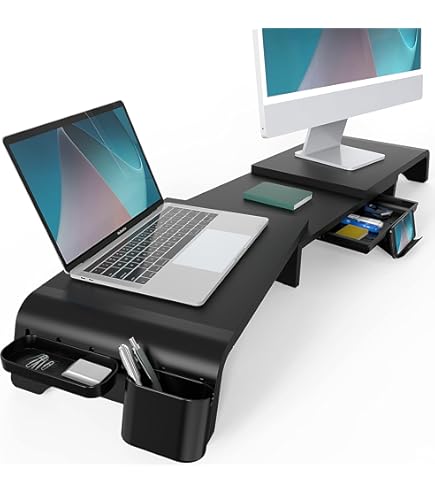 TEAMIX Dual Monitor Stand Riser - Length And Angle Adjustable White Monitor Stand With 2 Drawers To Storage Large Computer Riser For 2 Monitors/Laptop/PC, Wood Screen/TV Stand Desk Organizer (Maple