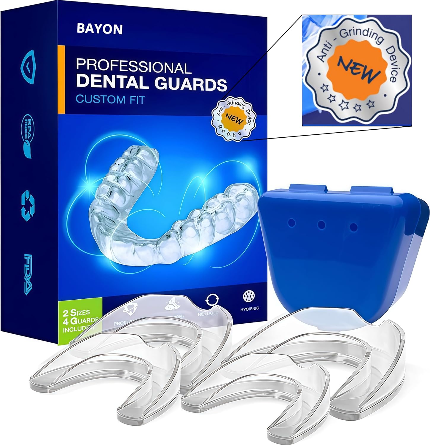 BAYON Férula Descarga Bruxismo Dental Noche – Pack 4 Unidades (2 Pequeñas + 2 Grandes) – Protector Bucal para Dormir – Férula Dental Anti Bruxismo Ajustable y Reutilizable