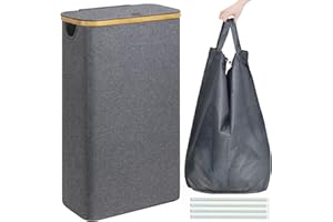 ROSOS Wäschekorb mit Deckel, 65L Faltbarer Wäschekorb Schmal mit Herausnehmbaren Wäschesack, Schmaler Wäschekorb, Wäschesammler mit Deckel & Bambusgriff, Wäschekorb Schmal und Hoch mit Deckel, Grau