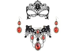 Finrezio Gothic Choker and Earrings Set - Black Necklace with Red Pendant and Lace Dangle Earrings for Women's Halloween Costume or Cosplay