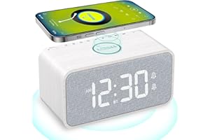 ‎ANJANK ANJANK Hölzerner Radiowecker mit Induktiver Ladestation, 10W Bluetooth-Lautsprecher, Kabellose Ladestation für iPhone/Samsung, Doppelalarm, 0-100% Dimmbares Display, Automatische Zeitsynchronisation