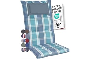 gardisun Gartenstuhlauflagen Hochlehner mit Kopfteil I Extra Dicke Sitzauflagen I Made in Europe I Polsterauflagen für Hochlehner I Auflagen mit extra hohem Komfort I 1er Set I Grün-Grau-Kariert